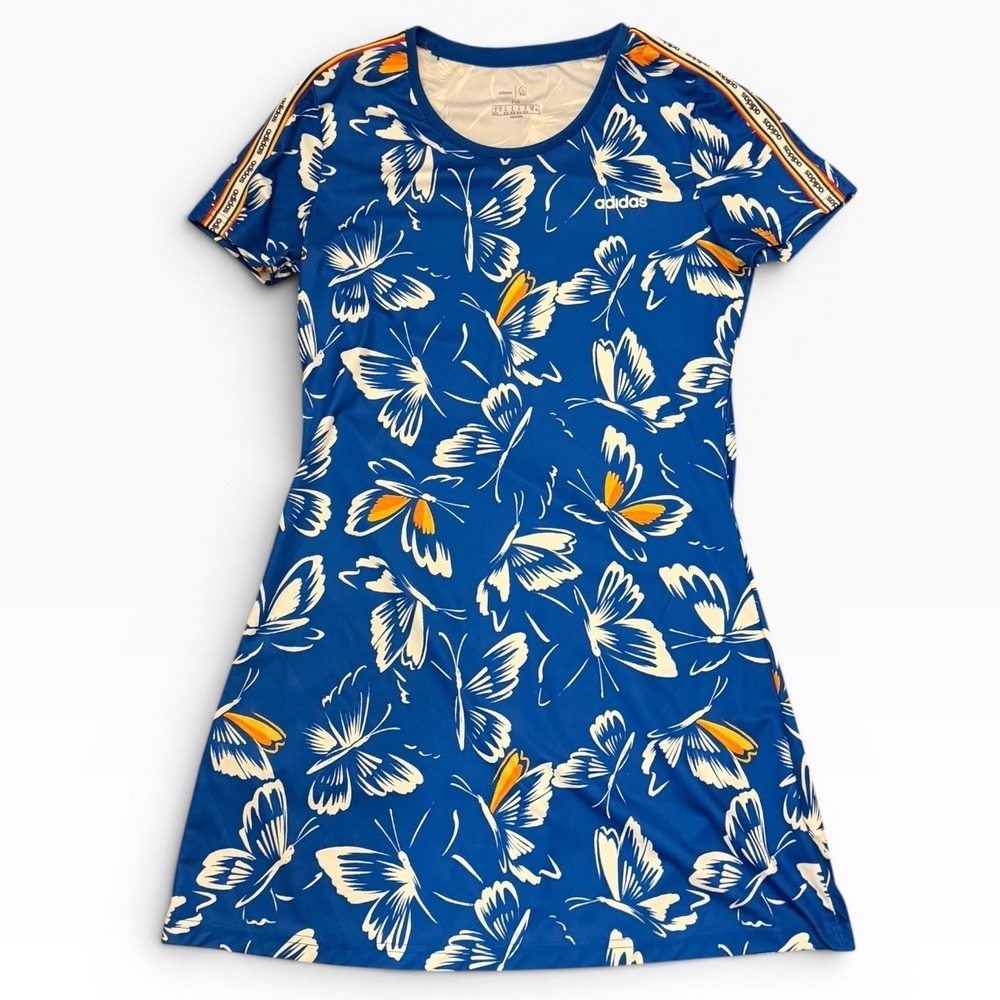 Adidas X FARM RIO Butterfly Print T-Shirt Dress Blue Medium Sporty Athletic Golf